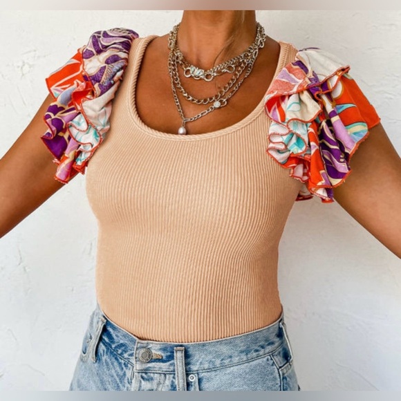 Halo & Harley Tops - Colorful Ruffle Sleeve Beige Top
